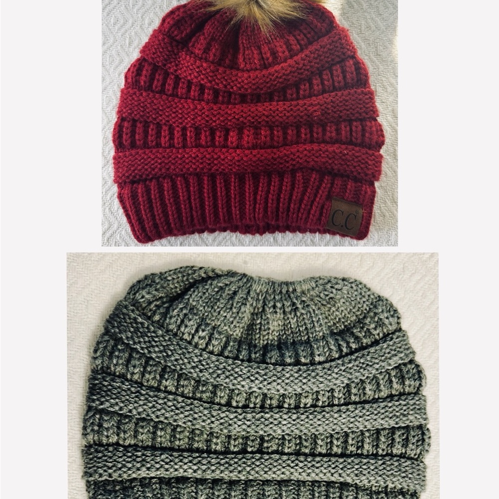 New w/o Tags, CC Brand Knit Beanie Set, Burgundy & Gray, Open Ponytail and Pom